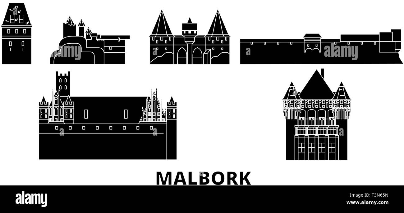 Pologne, Malbork télévision billet skyline set. Pologne, Malbork ville noire, symbole d'illustration vectorielle, les sites touristiques, sites naturels. Illustration de Vecteur