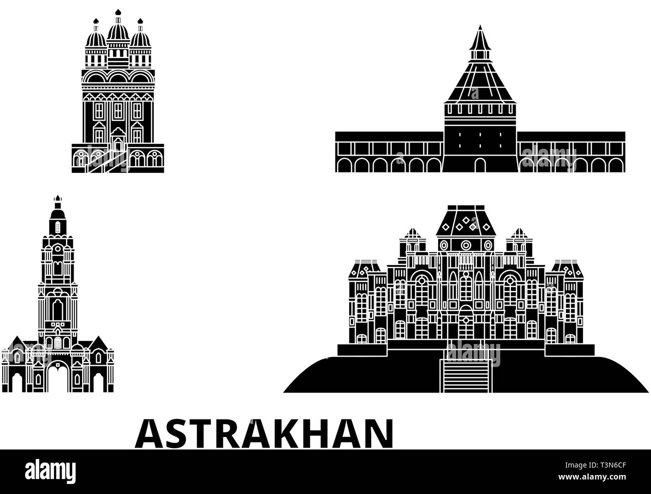 La Russie, l'Astrakhan voyage télévision set skyline. La Russie, Astrakhan ville noire, symbole d'illustration vectorielle, les sites touristiques, sites naturels. Illustration de Vecteur