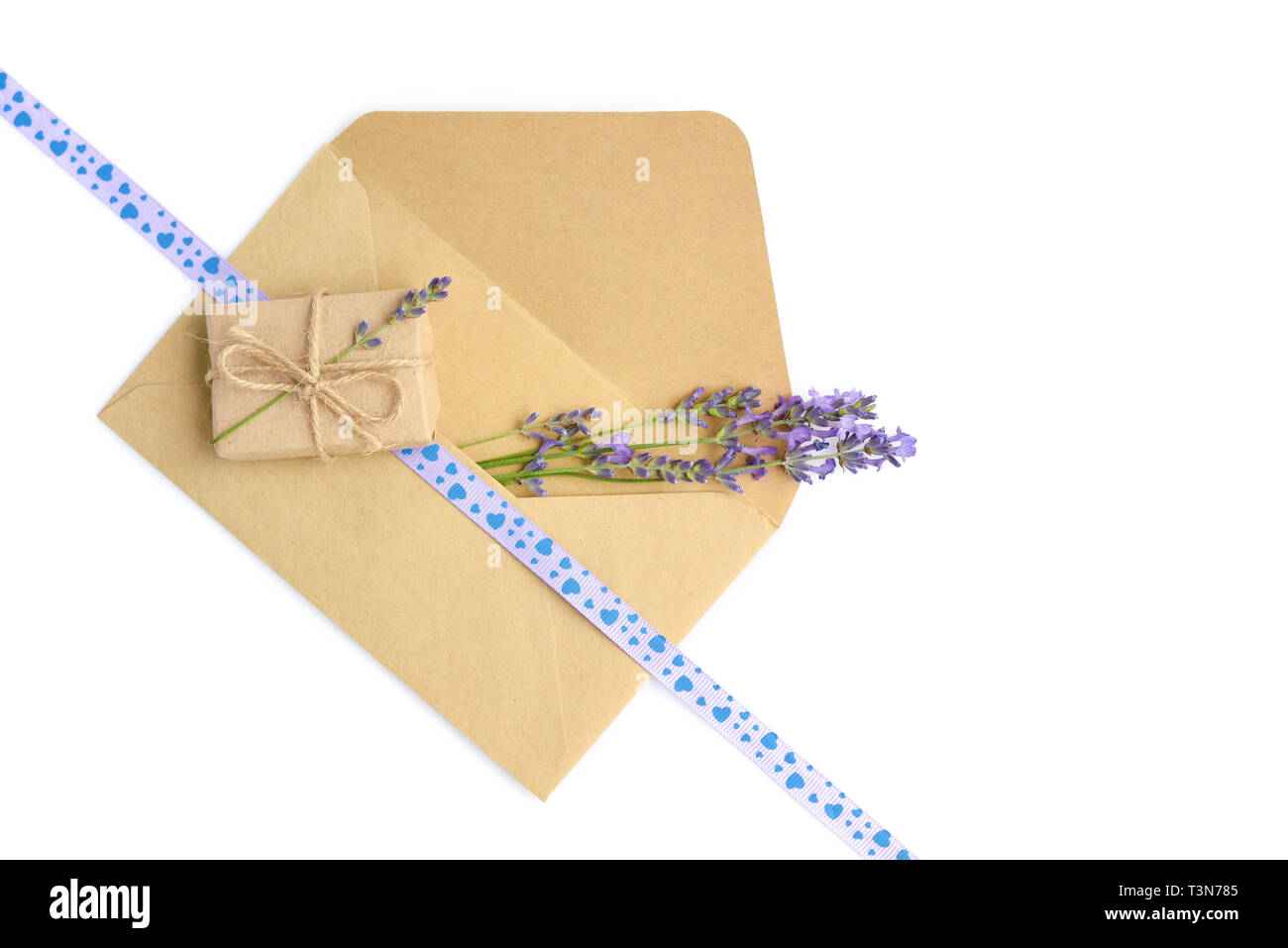 Fleurs de Lavande fraîche et enveloppes sur fond blanc Banque D'Images