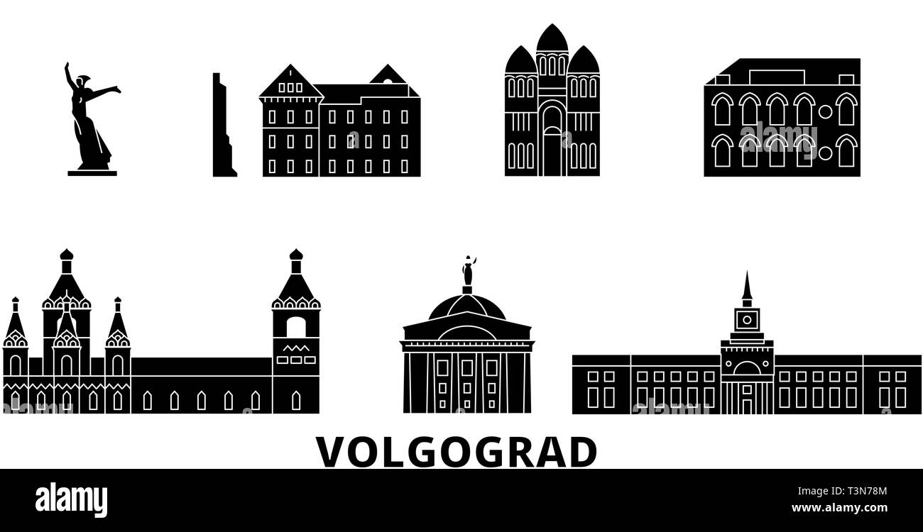 La Russie, Volgograd voyage télévision set skyline. La Russie, Volgograd, ville noire, symbole d'illustration vectorielle, les sites touristiques, sites naturels. Illustration de Vecteur