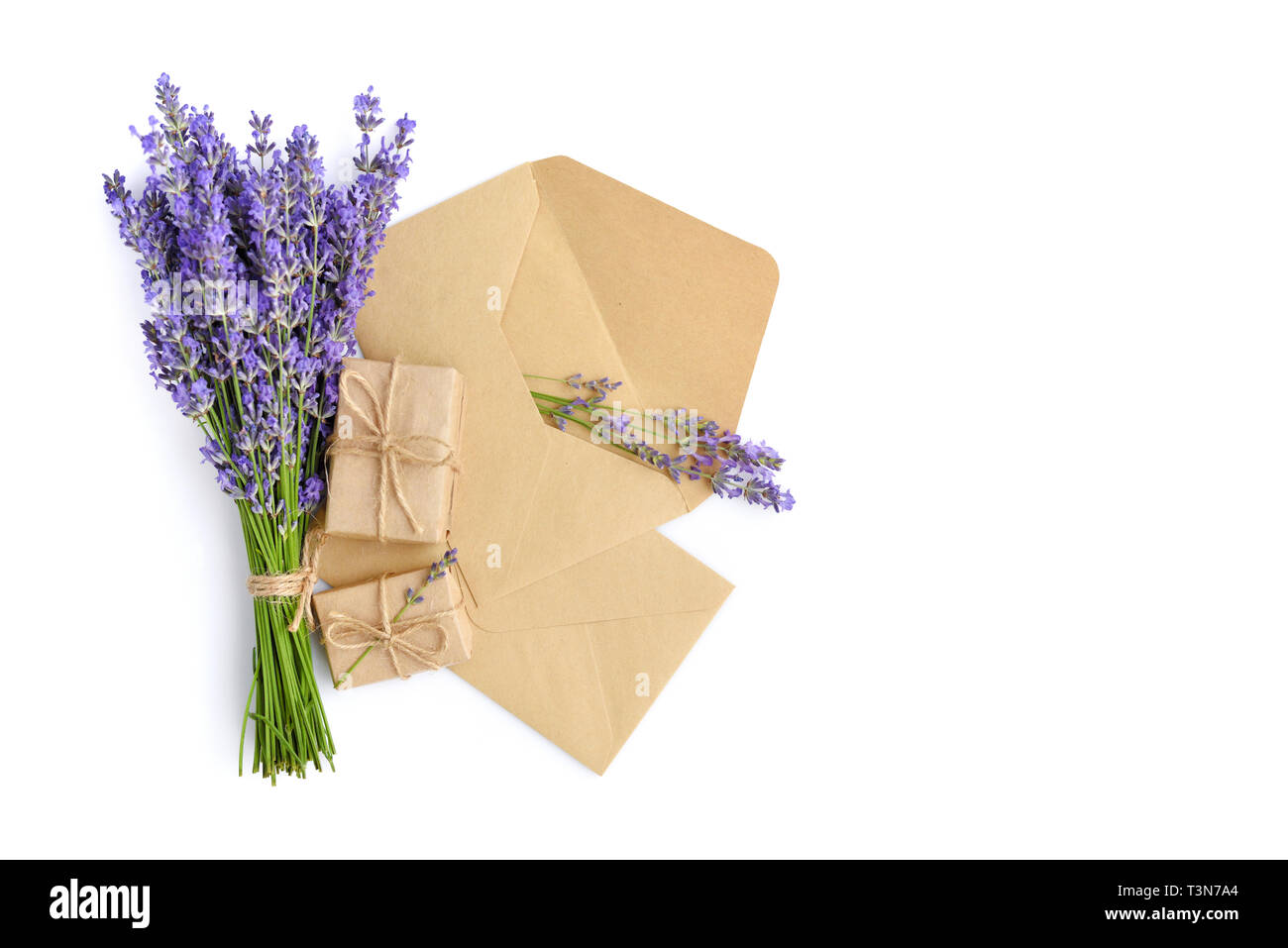 Fleurs de Lavande fraîche et enveloppes sur fond blanc Banque D'Images