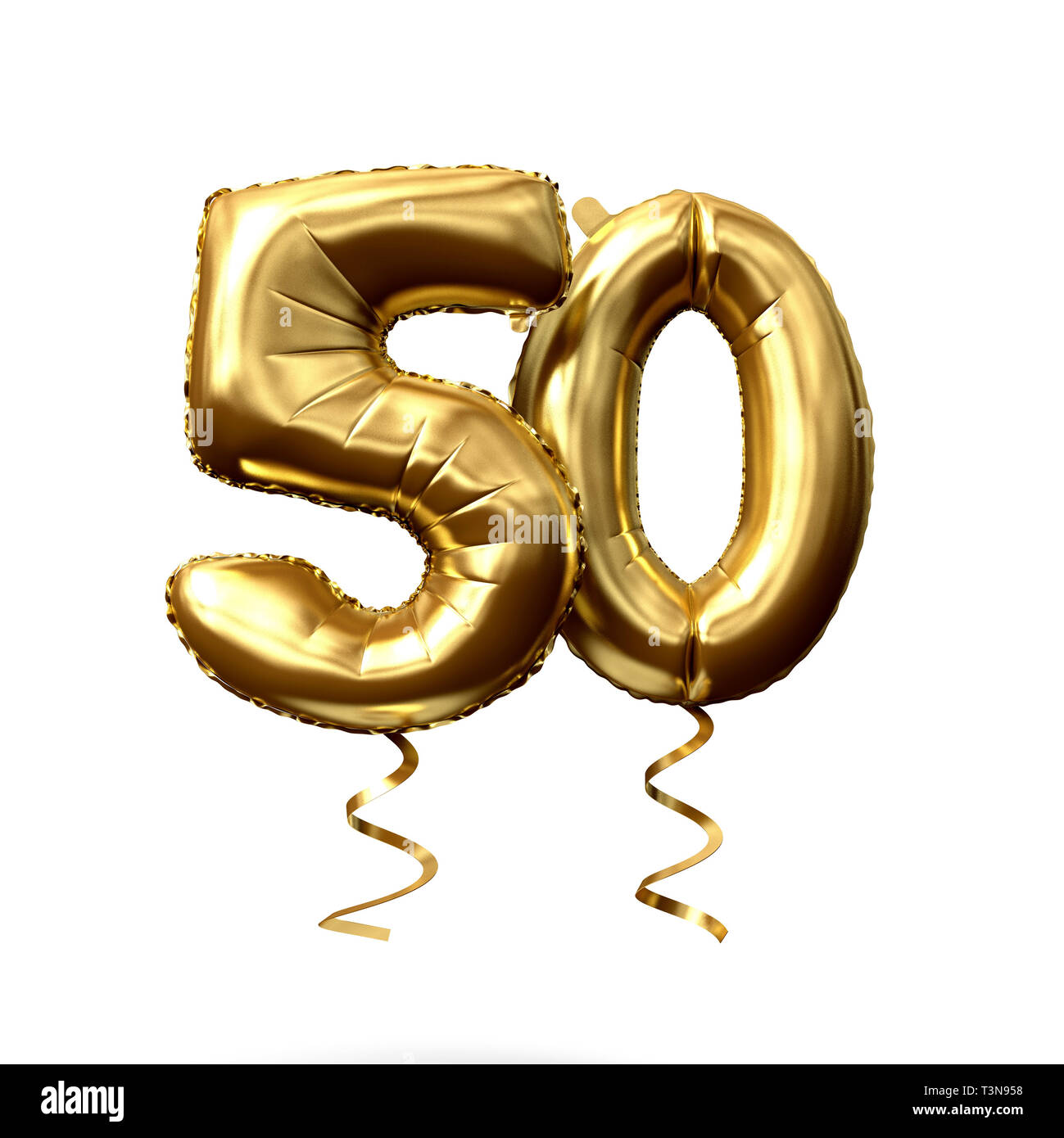 Numéro 50 dorure hélium ballon isolé sur un fond blanc. 3D Render Banque D'Images