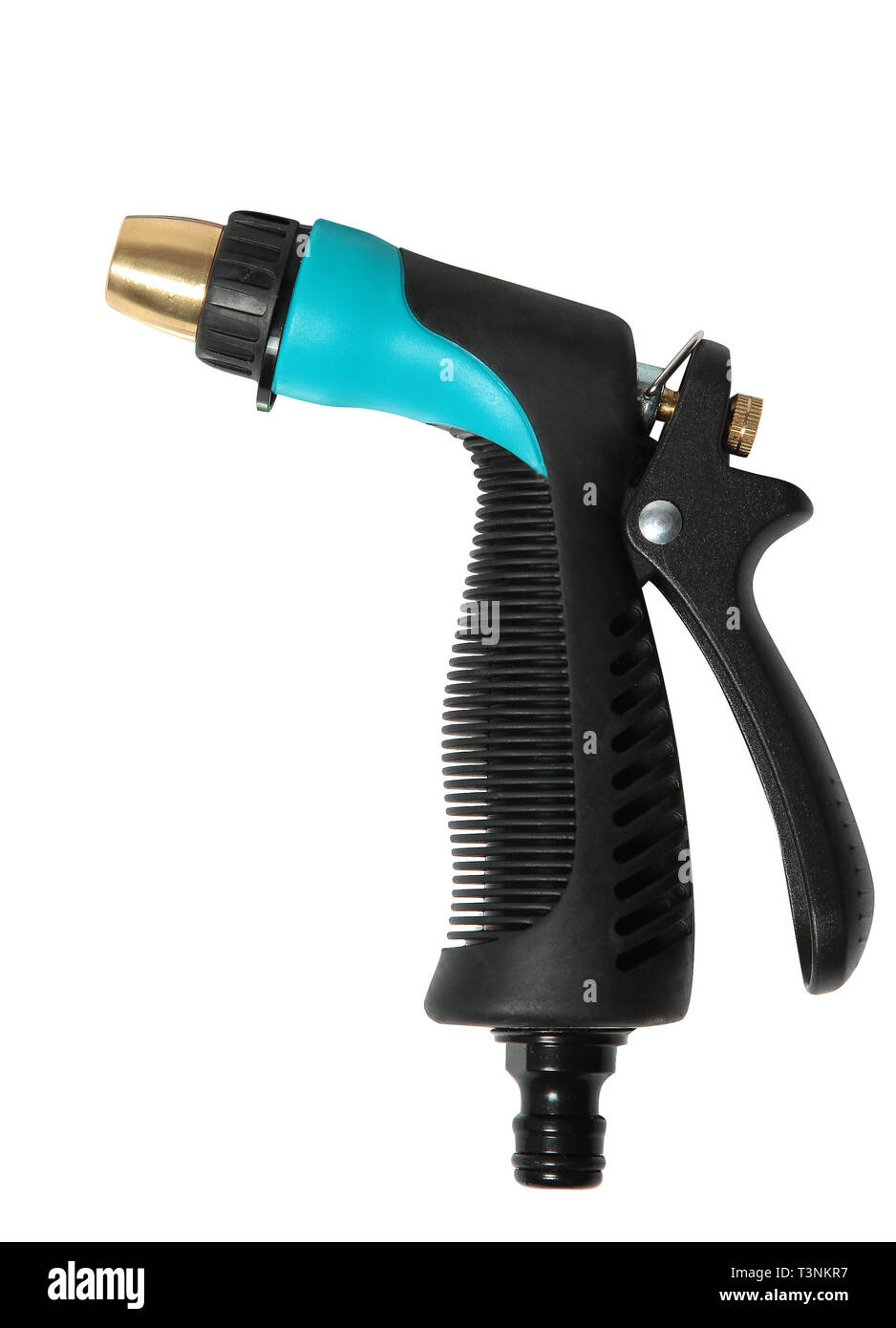 Buse fonctionnelle sur un tuyau d'arrosage (douche spray gun) isolé sur fond blanc Banque D'Images