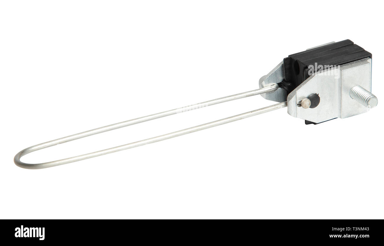 Raccords en acier Guy sur le fil isolé sur fond blanc. Fil d'acier et les gars de l'isolant de la souche Banque D'Images