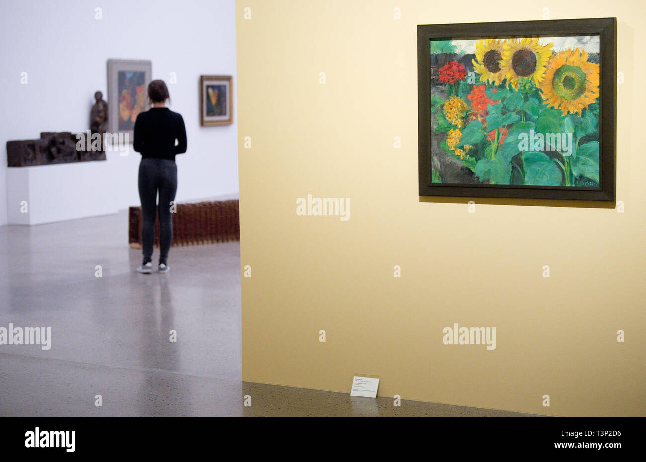 Hanovre, Allemagne. Apr 11, 2019. L'Emil Nolde l'image 'Sunflowers", qui a été perdu pendant des décennies, se bloque pour la première fois dans l'exposition 'Elementarteile» au Sprengel Museum Hannover. La Norddeutscher Rundfunk NDR a annoncé jeudi que la photo avait été volée il y a 40 ans à partir de la station de radio Norddeutscher Rundfunk de Hambourg. La peinture est restée jusqu'à ce qu'il manque, en mai 2017, une veuve de Berlin a communiqué avec la NDR contre un avocat et a signalé qu'elle était propriétaire de la peinture. Credit : Julian Stratenschulte/dpa/Alamy Live News Banque D'Images