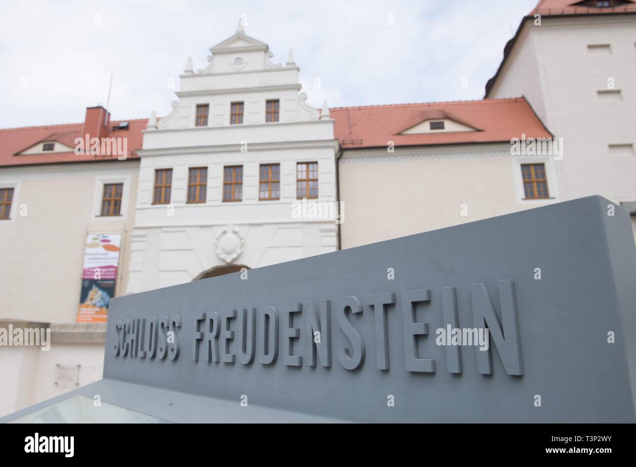 Freiberg, Allemagne. Apr 11, 2019. Freudenstein Castle de Freiberg avec le mineral collection 'terra mineralia'. À l'occasion du dixième anniversaire de la 'Terra mineralia', l'exposition spéciale "recherché et trouvé" aura lieu au château du 17 avril au 25 août 2019. Découvertes uniques de la Saxe" a eu lieu. Credit : Sebastian Kahnert/dpa/Alamy Live News Banque D'Images