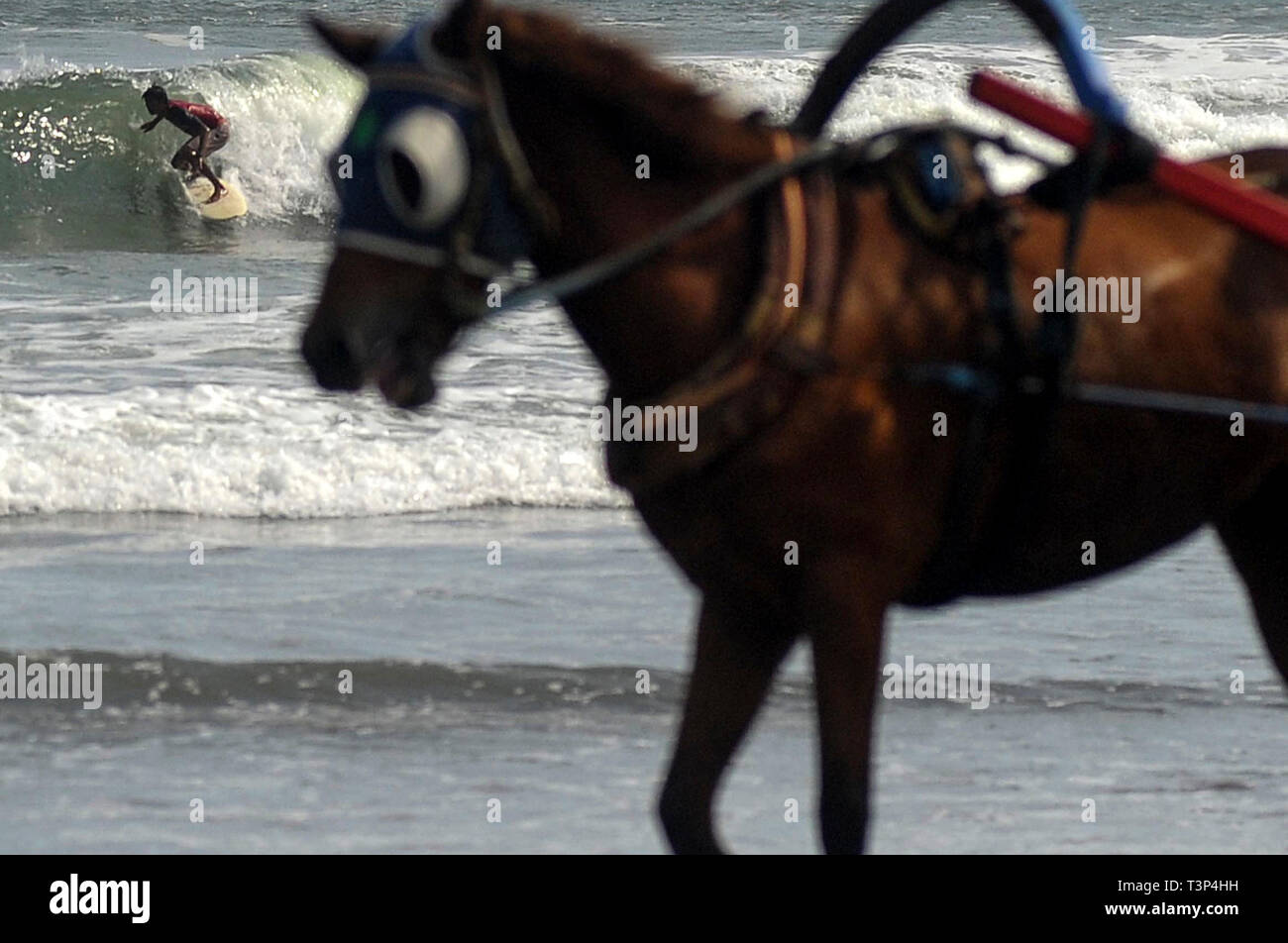 Yogyakarta, Indonésie. Apr 11, 2019. Un homme va au surf plage Parangtritis à Yogyakarta, Indonésie, le 11 avril 2019. Credit : Supriyanto/Xinhua/Alamy Live News Banque D'Images