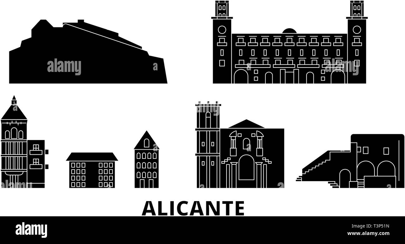 L'Espagne, Alicante voyage télévision set skyline. L'Espagne, Alicante ville noire, symbole d'illustration vectorielle, les sites touristiques, sites naturels. Illustration de Vecteur