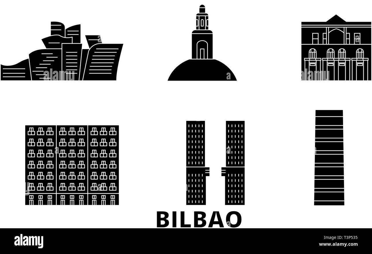 L'Espagne, Bilbao voyage télévision set skyline. L'Espagne, Bilbao ville noire, symbole d'illustration vectorielle, les sites touristiques, sites naturels. Illustration de Vecteur