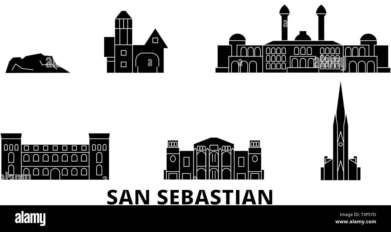 Espagne, San Sebastian télévision billet skyline set. Espagne, San Sebastian ville noire, symbole d'illustration vectorielle, les voyages touristiques, monuments. Illustration de Vecteur