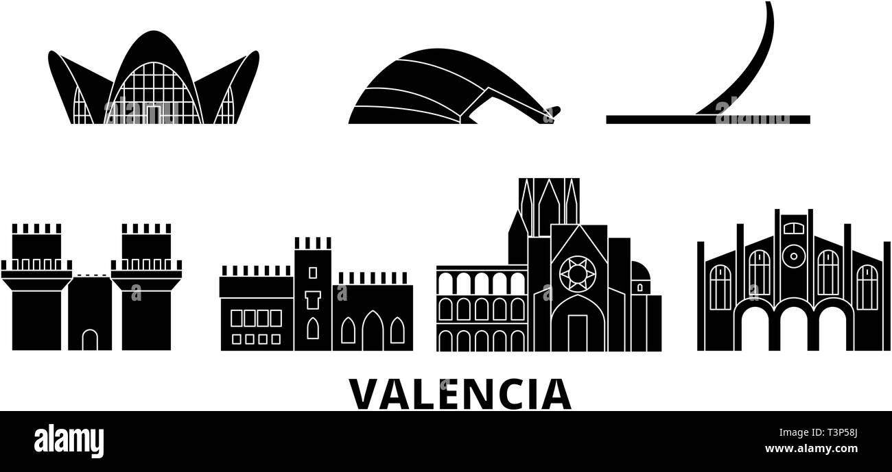 L'Espagne, Valencia voyage télévision set skyline. L'espagne, Valence ville noire, symbole d'illustration vectorielle, les sites touristiques, sites naturels. Illustration de Vecteur