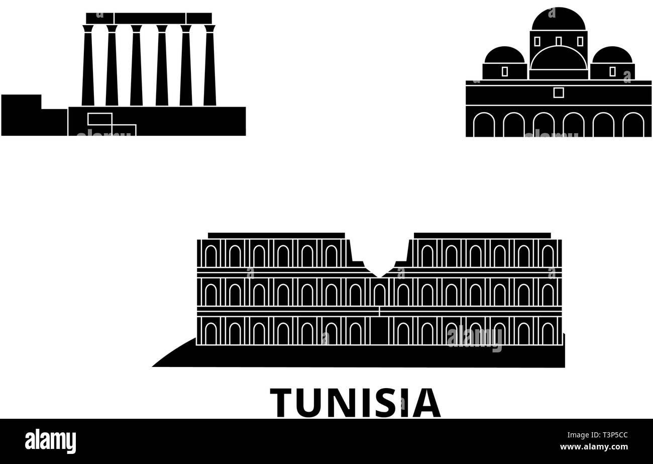 Tunisie voyage télévision set skyline. La Tunisie ville noire, symbole d'illustration vectorielle, les sites touristiques, sites naturels. Illustration de Vecteur