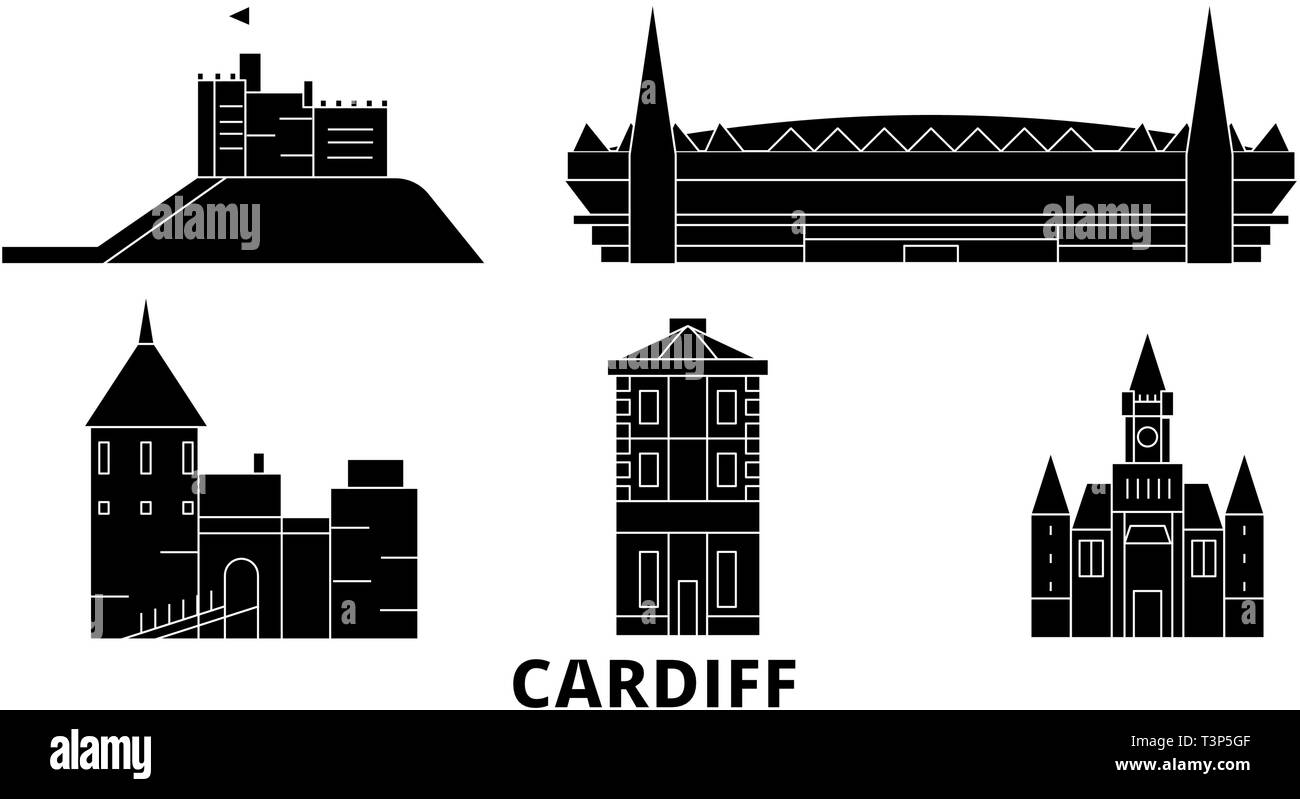 Royaume-uni, Cardiff voyage télévision set skyline. Royaume-uni, Cardiff City noir, symbole d'illustration vectorielle, les voyages touristiques, monuments. Illustration de Vecteur