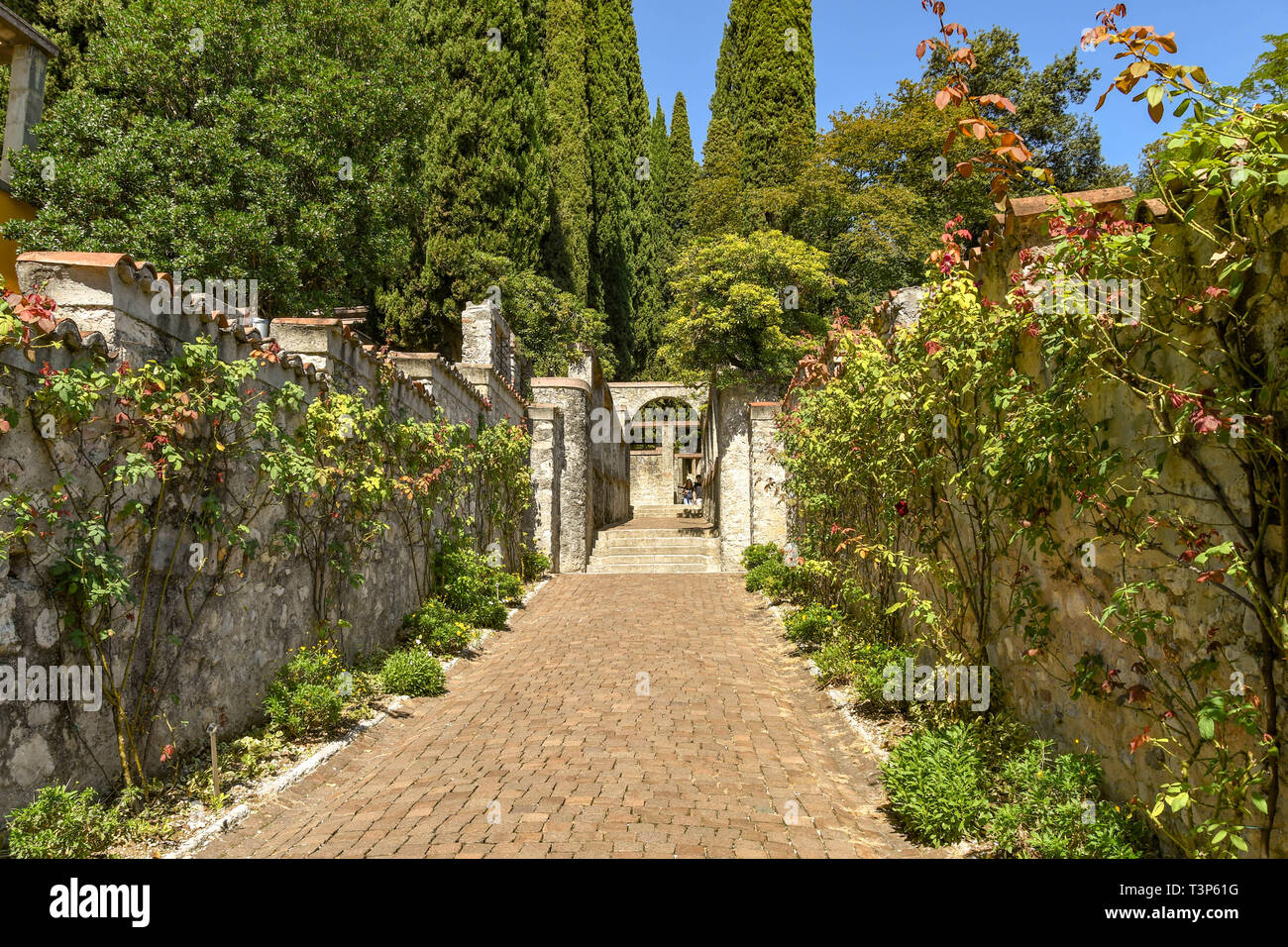 GARDONE RIVIERA, ITALIE - Septembre 2018 : sentier entre des murs en pierre avec des plantes à fleurs d'escalade dans le Vittoriale degli Italiani gardens Banque D'Images