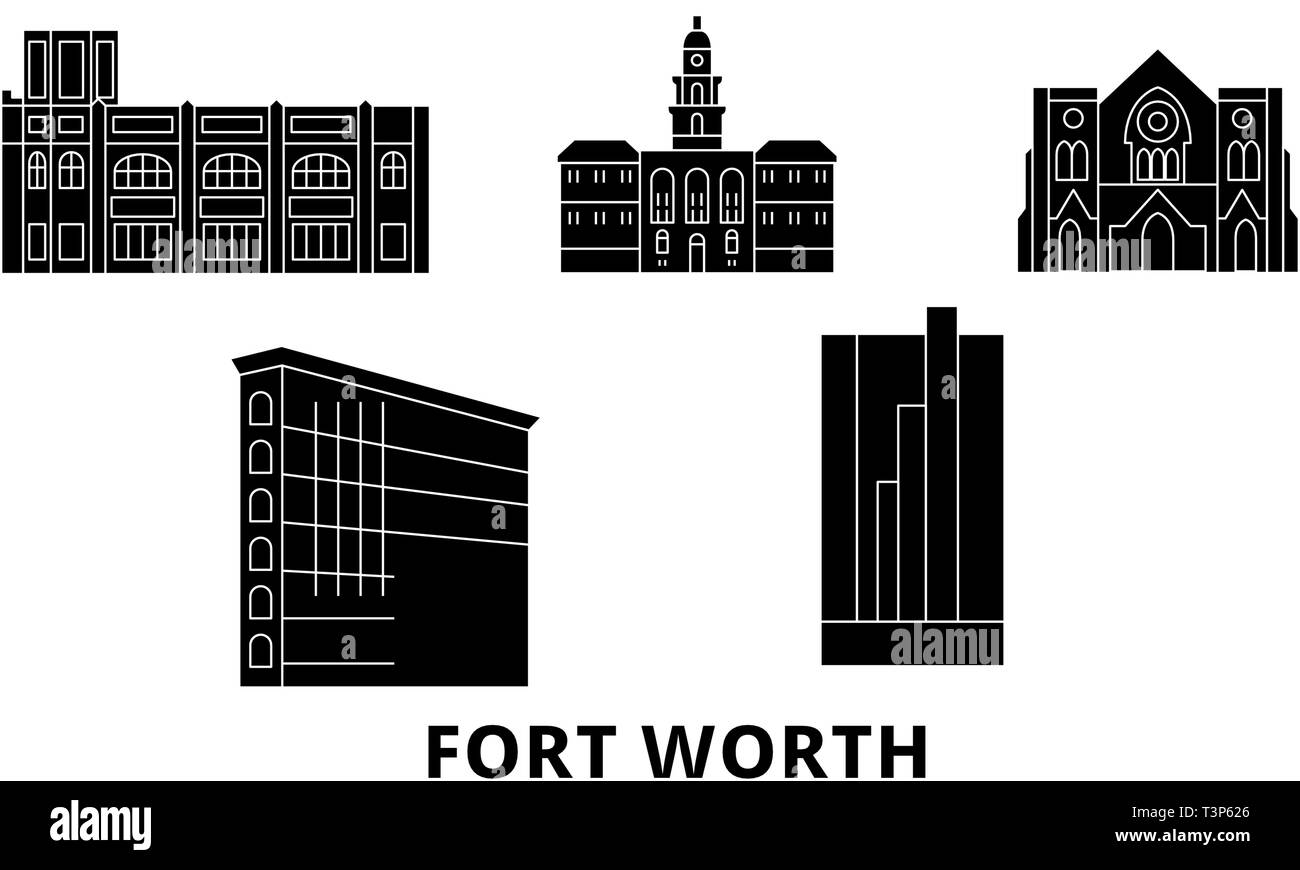 Etats Unis, Fort Worth télévision billet skyline set. Etats Unis, Fort Worth ville noire, symbole d'illustration vectorielle, les sites touristiques, sites naturels. Illustration de Vecteur