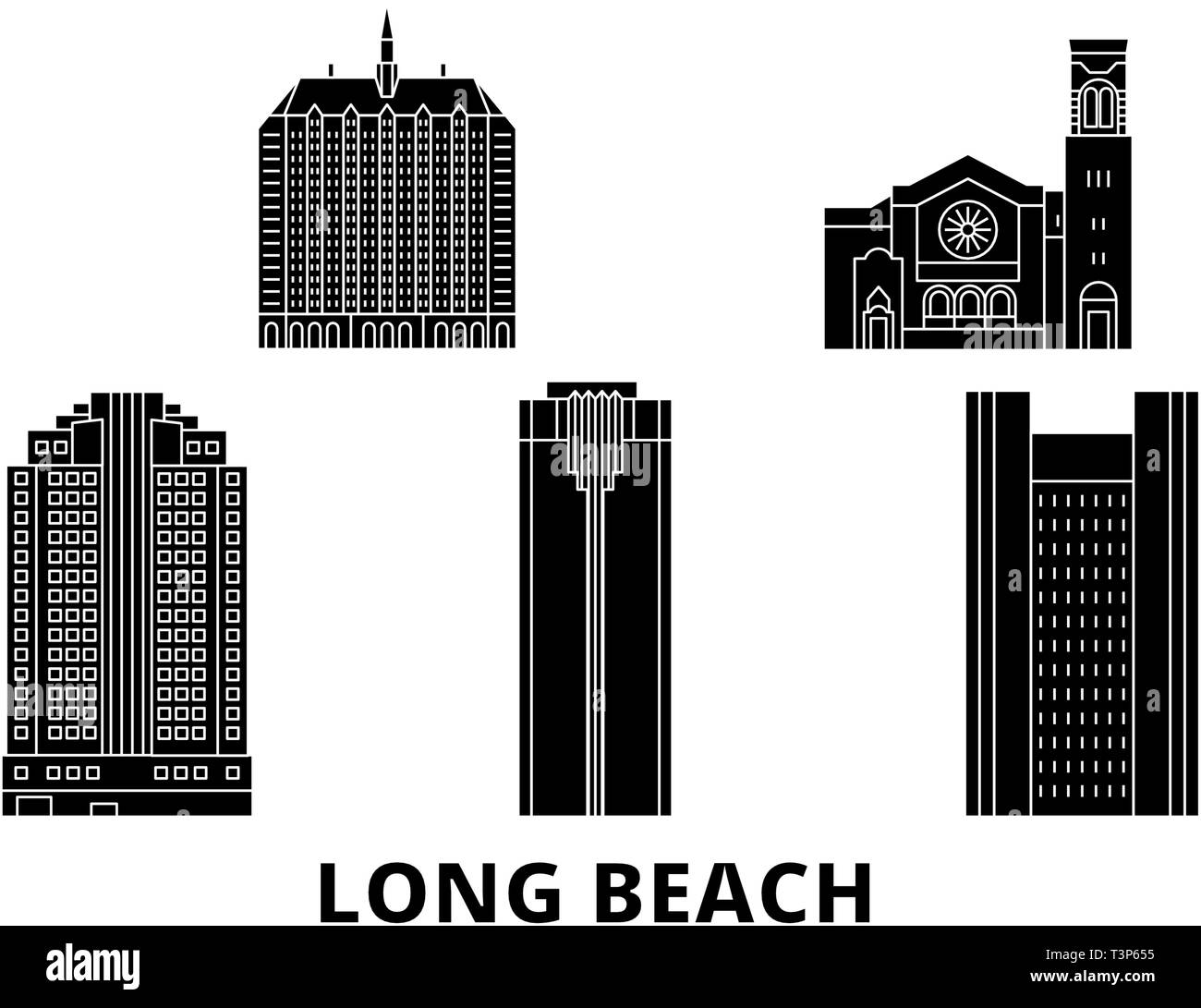 Etats Unis, Long Beach skyline voyages télévision set. Etats Unis, Long Beach City noir, symbole d'illustration vectorielle, les sites touristiques, sites naturels. Illustration de Vecteur