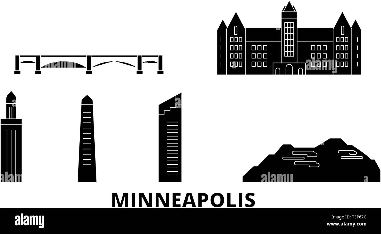 Etats Unis, Minneapolis voyage télévision set skyline. Etats Unis, Minneapolis ville noire, symbole d'illustration vectorielle, les sites touristiques, sites naturels. Illustration de Vecteur