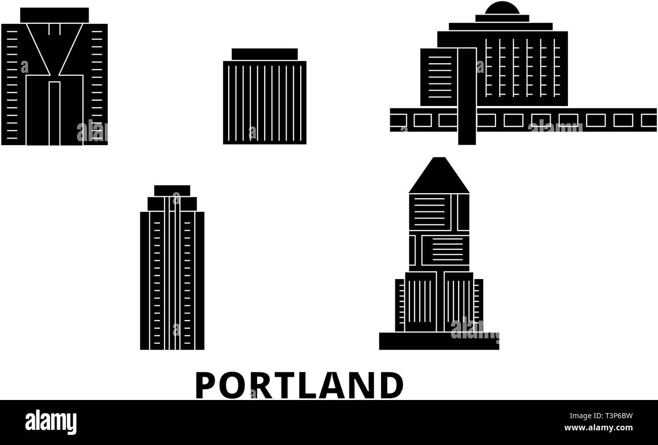 États-unis, Portland City skyline voyages télévision set. États-unis, Portland City ville noire, symbole d'illustration vectorielle, les sites touristiques, sites naturels. Illustration de Vecteur