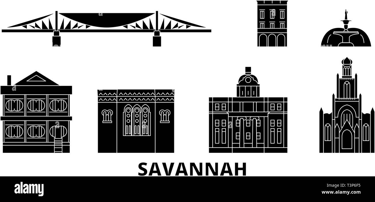 United States, Savannah voyage télévision set skyline. United States, Savannah ville noire, symbole d'illustration vectorielle, les sites touristiques, sites naturels. Illustration de Vecteur