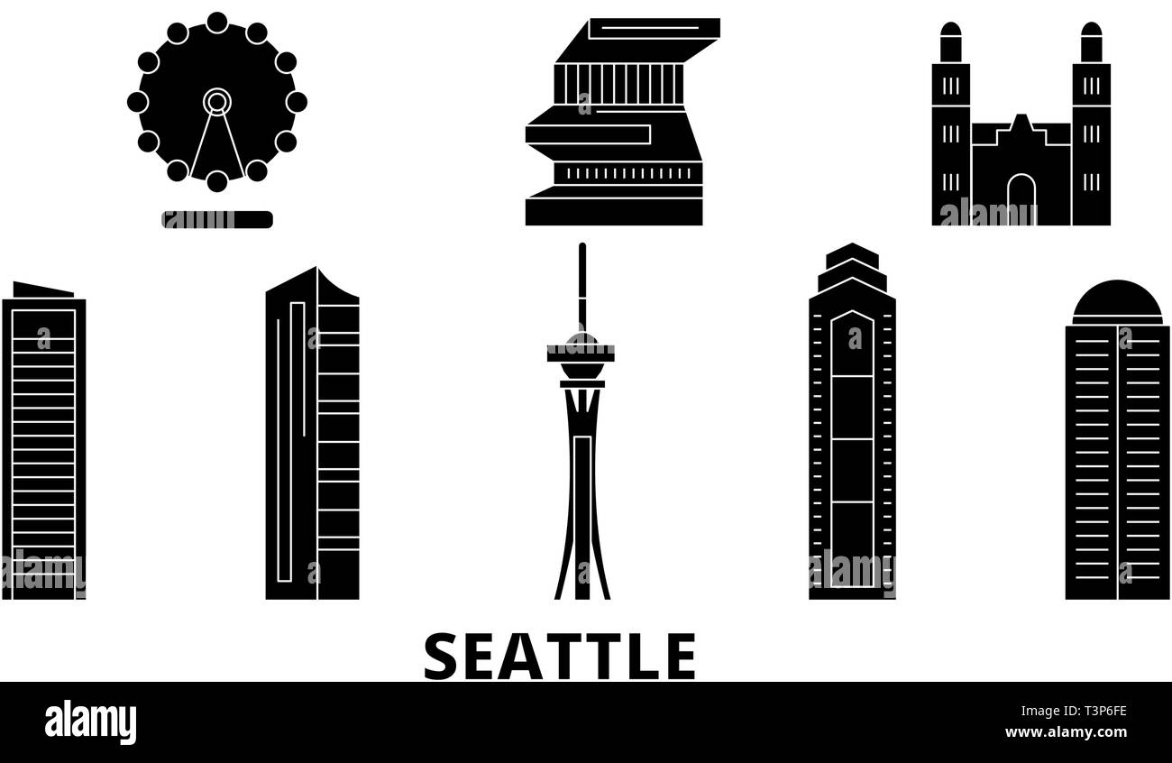 États-unis, Seattle skyline voyages télévision set. États-unis, Seattle ville noire, symbole d'illustration vectorielle, les sites touristiques, sites naturels. Illustration de Vecteur
