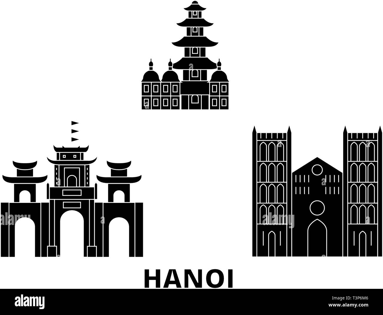 Vietnam, Hanoi voyage télévision set skyline. Vietnam, Hanoi ville noire, symbole d'illustration vectorielle, les sites touristiques, sites naturels. Illustration de Vecteur