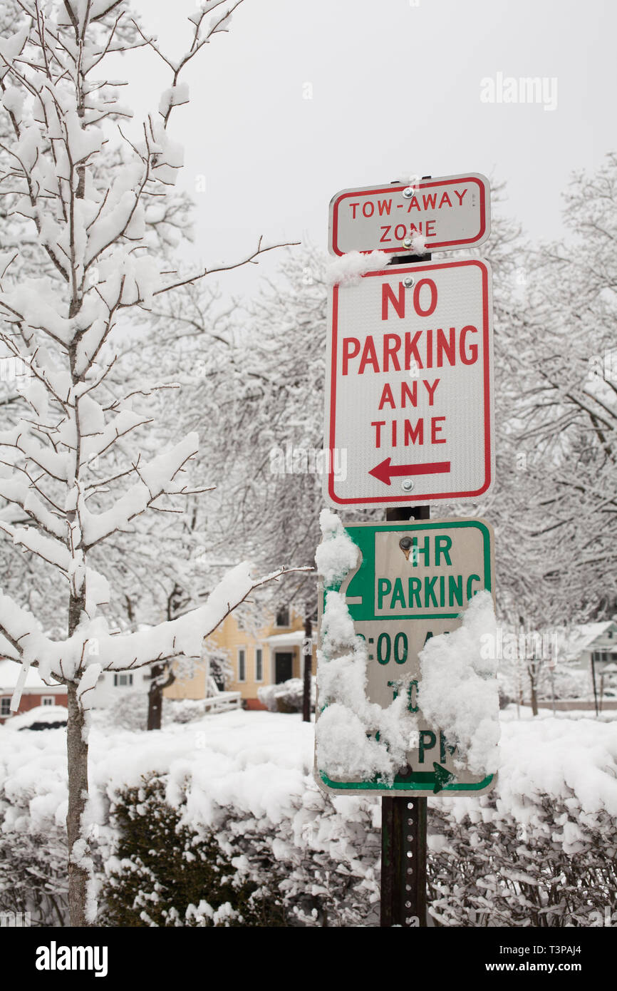 Panneaux de stationnement le long d'une rue à Northampton, Massachusetts après une grosse tempête de neige. Banque D'Images
