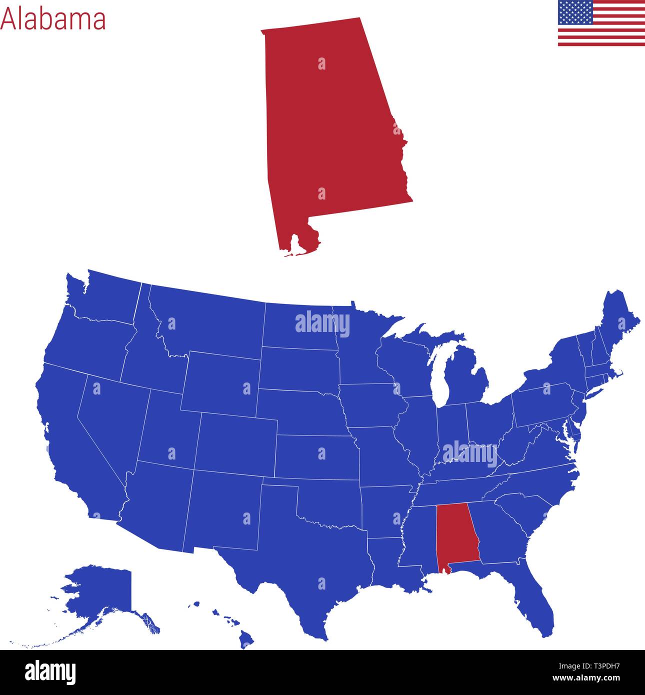 L'état de l'Alabama est surligné en rouge. Vecteur bleu carte des États-Unis divisé en deux États distincts. Illustration de Vecteur