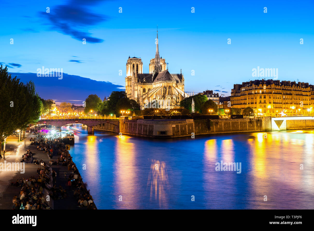 Notre Dame de Paris la nuit et la Seine à Paris, France. Banque D'Images