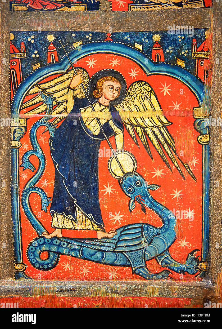 Autel gothique panneau représentant St Michael traineau le dragon. Fin du 13ème siècle, tempera sur panneau de bois de l'épinette de l'église de Sant Migu Banque D'Images