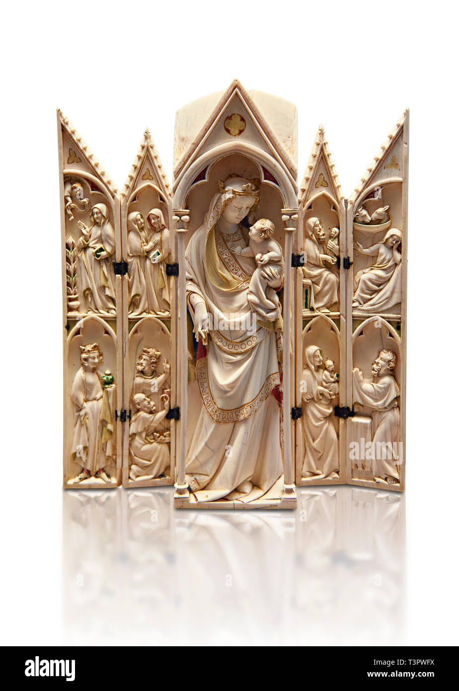 Gothique médiévale représentant le tabernacle d'ivoire vierge à l'enfant avec des scènes de l'Annonciation, la Nativité, l'adoration des Mages et le présent Banque D'Images