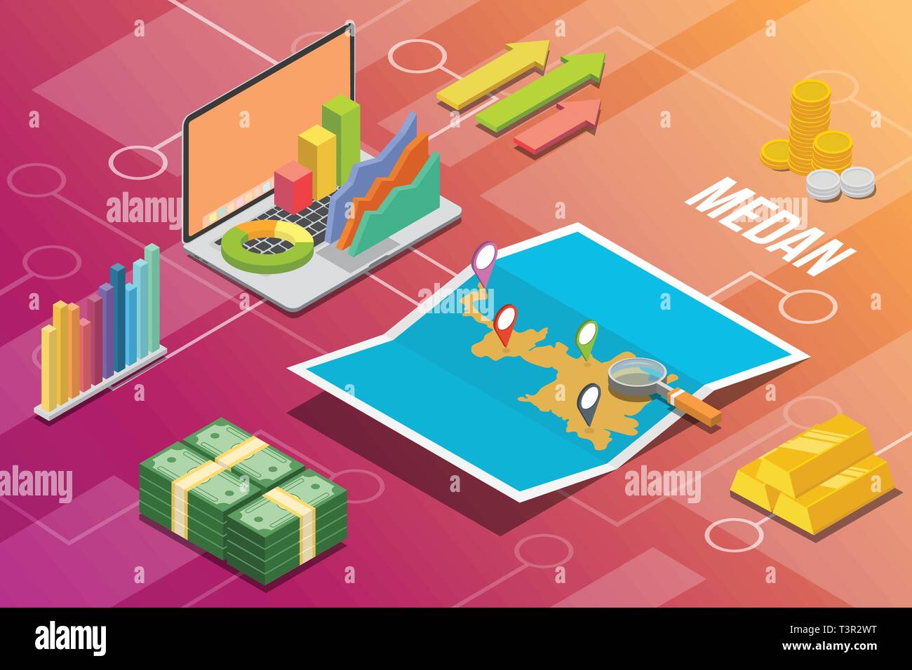 Medan Indonésie ville économie financière concept isométrique condition pour décrire la croissance des villes étendre - vector Illustration de Vecteur