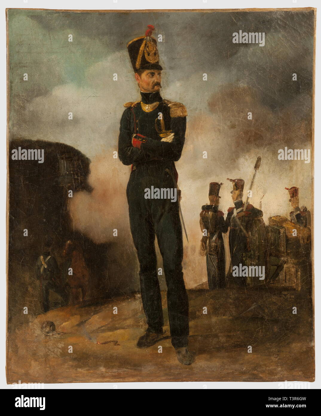 PREMIERE ET SECONDE RESTAURATION 1815-1848, Représentation d'un officier subalterne d'artillerie à pied, vers 1816, huile sur toile. L'homme porte un habit-veste de drap bleu foncé, parements retroussis écarlates, de parements, pattes bleues, passepoilées de rouge, l'épaulette et contre-épaulette en fil d'or, boutons dorés, hausse-col en cuivre doré, attributs argentés, pantalon bleu, shako de feutre noir, galon de fil d'or au sommet, mentonnières et plaque (modèle 1816) en cuivre doré, cocarde blanche, lentille à houppette pompon écarlate. L'officier de l'artiste, t'a pas d'auteur pour être effacé Banque D'Images