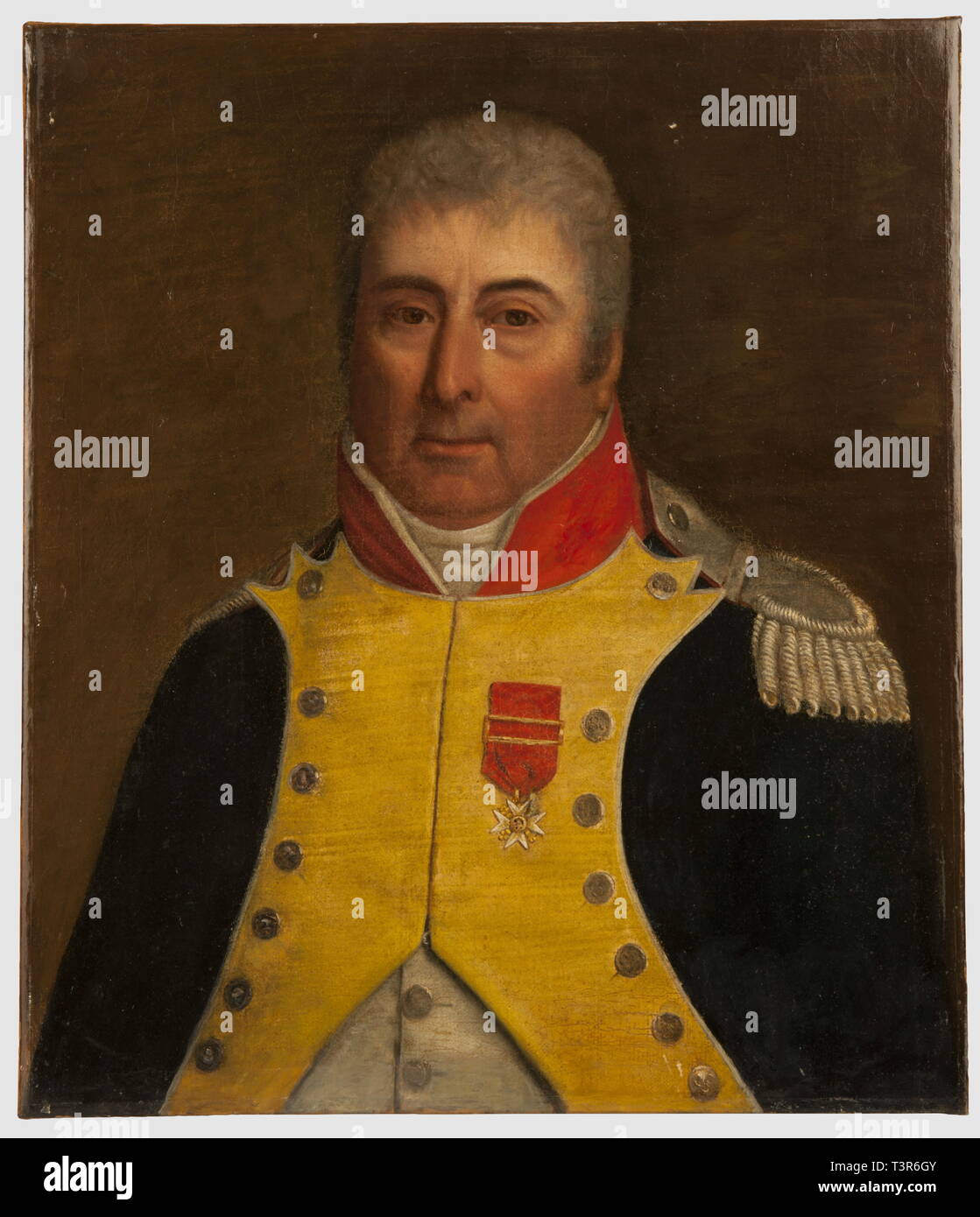 PREMIERE ET SECONDE RESTAURATION 1815-1848, Représentation d'un officier supérieur (chef de bataillon) d'infanterie, huile sur toile. Son uniforme, proche d'une coupe de ceux du 1er Empire, les porte du 20modèles e régiment de l'infanterie de la République batave, mais le chiffre des boutons ne correspondent pas à cette unité. L'officier est équipé d'un uniforme à fond de drap bleu, revers de drap jaune passepoilé de blanc, collet rouge passepoilé de blanc, l'épaulette et contre-épaulette en fil d'argent, bouton argenté au chiffre 80, gilet de drap , n'a pas d'auteur de l'artiste pour être effacé Banque D'Images