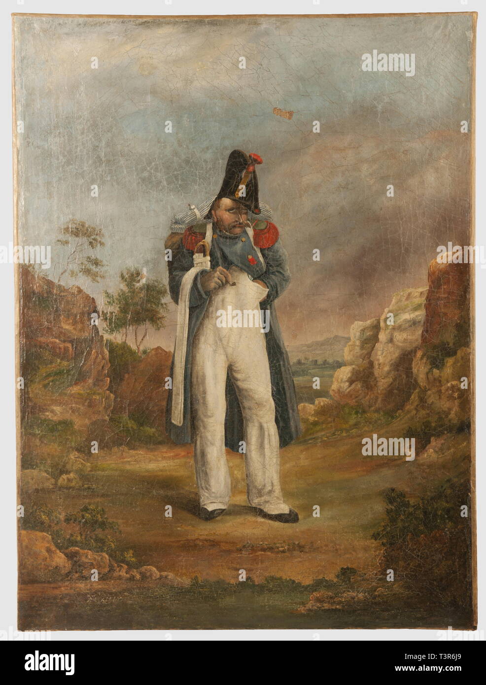 DIRECTOIRE-CONSULAT-EMPIRE 1795-1814, huile sur toile, signée L. Bailly, représentant un chasseur à pied de la Vieille Garde Impériale sur fond de paysage de type elbois. L'homme est habillé de sa capote de drap bleu ornée d'épaulettes à corps vert et tournantes rouges, arbore le ruban de l'Ordre de la Légion d'Honneur, porte un pantalon de toile blanche en route, est coiffé de son bicorne et tient sa banderole et son sabre briquet sous le bras droit. L'air désabusé et fils pensif fait penser au séjour de l'Empereur sur l'île d'Elbe. Hauteur 87 cm, Additional-Rights Clearance-Info-l,-Not-Available Banque D'Images