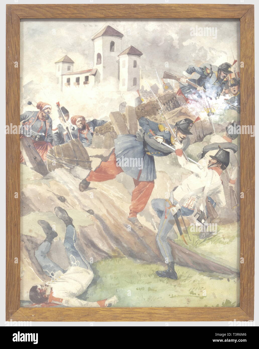 SECONDE RÉPUBLIQUE ET SECOND EMPIRE, 1848-1870 Aquarelle sur papier représentant un assaut d'infanterie francaise, (zouaves et voltigeurs) contre de l'infanterie autrichienne pendant la campagne d'Italie (1859). Hauteur 29 cm, largeur 22,5 cm. L'Ensemble en très bon état, présenté sous verre, cadre en bois naturel d'origine. Le cadre porte au dos le cachet de l'escadron des Cent Gardes, ce petit tableau appartenait au colonel Verly commandant l'unité, il était par tradition, dans son exposé, Additional-Rights Clearance-Info-bureau-Not-Available Banque D'Images