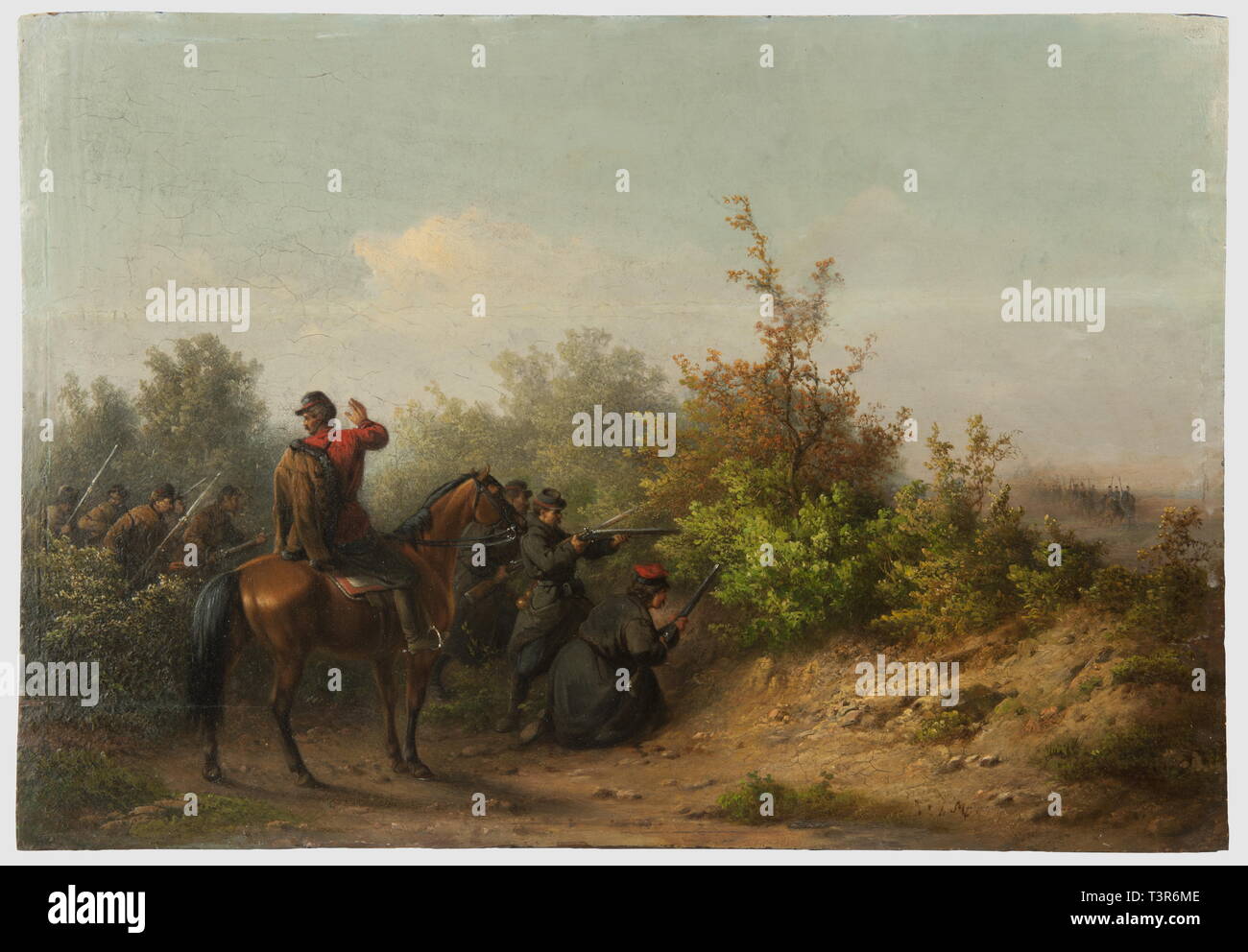 SECONDE RÉPUBLIQUE ET SECOND EMPIRE, 1848-1870 Huile sur bois du grand peintre Ernest Meissonnier, représentant une embuscade préparée par une unité de volontaires de l'Ouest ou de zouaves pontificaux. La scène se passe le long d'un chemin bordé d'arbustes, les7717 infanterie allemande sont commandés par un officier portant un dolman ou une veste ( ?) et une pelisse de nuance brune. Hauteur 39 cm, largeur 57 cm. L'Ensemble en très bon état, petite rayure en bas à gauche, présenté sans direction. Le tableau porte collé au dos, une étiquette manuscrite en allemand, Additional-Rights Clearance-Info, précisan--Not-Available Banque D'Images