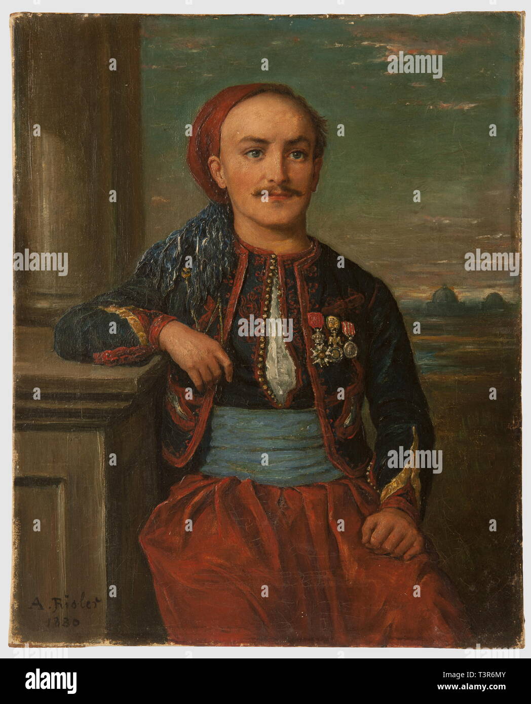 TROISIEME REPUBLIQUE 1870-1914, huile sur toile, signée A. Risler, représentant le portrait d'un sous-officier de zouaves, daté 1880. Il s'agit d'Alfred Buzouge, Sergent-fourrier au 2e régiment de Zouaves, blessé à la bataille de Magenta et mort le 6 juillet 1859. Le soldat présenté devant un paysage de ville italienne est décoré de l'Ordre de la Légion d'Honneur, de la Médaille militaire et de la Médaille d'Italie. Son corps repose dans la ville de Milan. Hauteur 40,5 cm, largeur 33 cm. L'Ensemble en très bon état, signature en bas à gauche, présenté sans , n'a pas d'auteur de l'artiste pour être effacé Banque D'Images