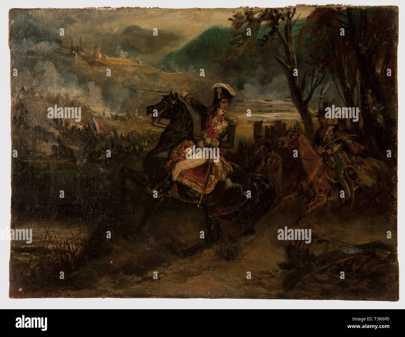DIRECTOIRE-CONSULAT-EMPIRE 1795-1814, huile sur toile, signée du monogramme G.L, milieu du XIXème siècle, représentant un maréchal (Murat ?) au combat. L'officier supérieur s'apprête à franchir un cours d'eau et conduit l'attaque d'une colline (Elchingen ?) en haut de laquelle on apercoit l'église et la tour d'une ville. Le cavalier qui suit l'officier supérieur, vient de prendre les ordres, c'est un officier de hussard, peut-être le colonel du 2e régiment. Toutefois, cet officier porte un tube shako de la fin de l'Empire ne correspondant pas à la Additional-Rights Clearance-Info, c--Not-Available Banque D'Images