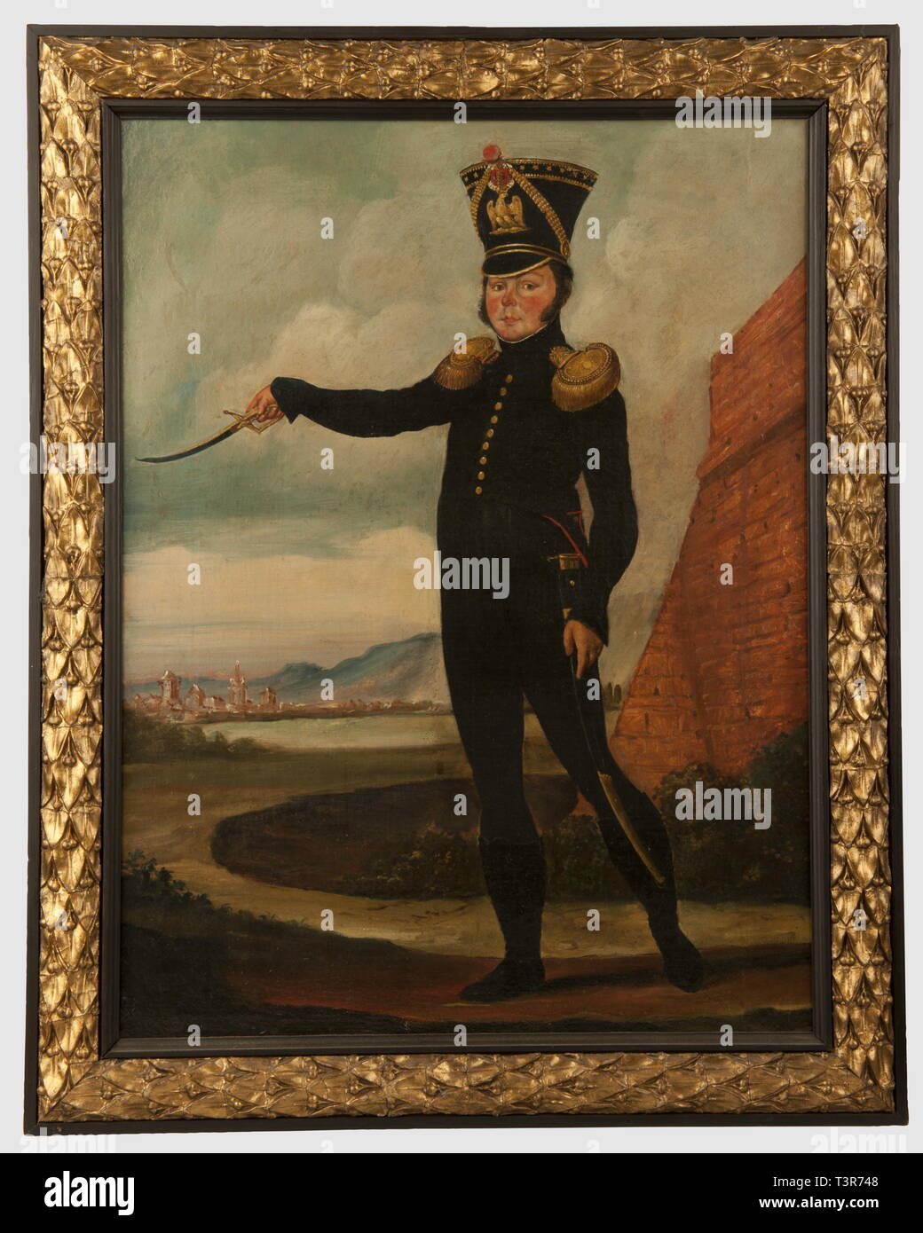 DIRECTOIRE-CONSULAT-EMPIRE 1795-1814, huile sur toile représentant un officier d'infanterie, de la Jeune Garde Impériale, période du 1er Empire. L'officier porte ici sa tenue de combat, il est vêtu d'un surtout et d'une culotte entièrement faits de drap bleu. Seuls les retroussis et les poches sont simulées en drap écarlate. L'homme est chaussé de bottes ou de guêtres ( ?) coupées en coeur. Shako de fils avec plaque à l'Aigle, est typique des officiers d'infanterie de la Jeune Garde, c'est dans ce cas précis un modèle pour tirailleur grenadier (circon-Additional-Rights Clearance-Info,--Not-Available Banque D'Images