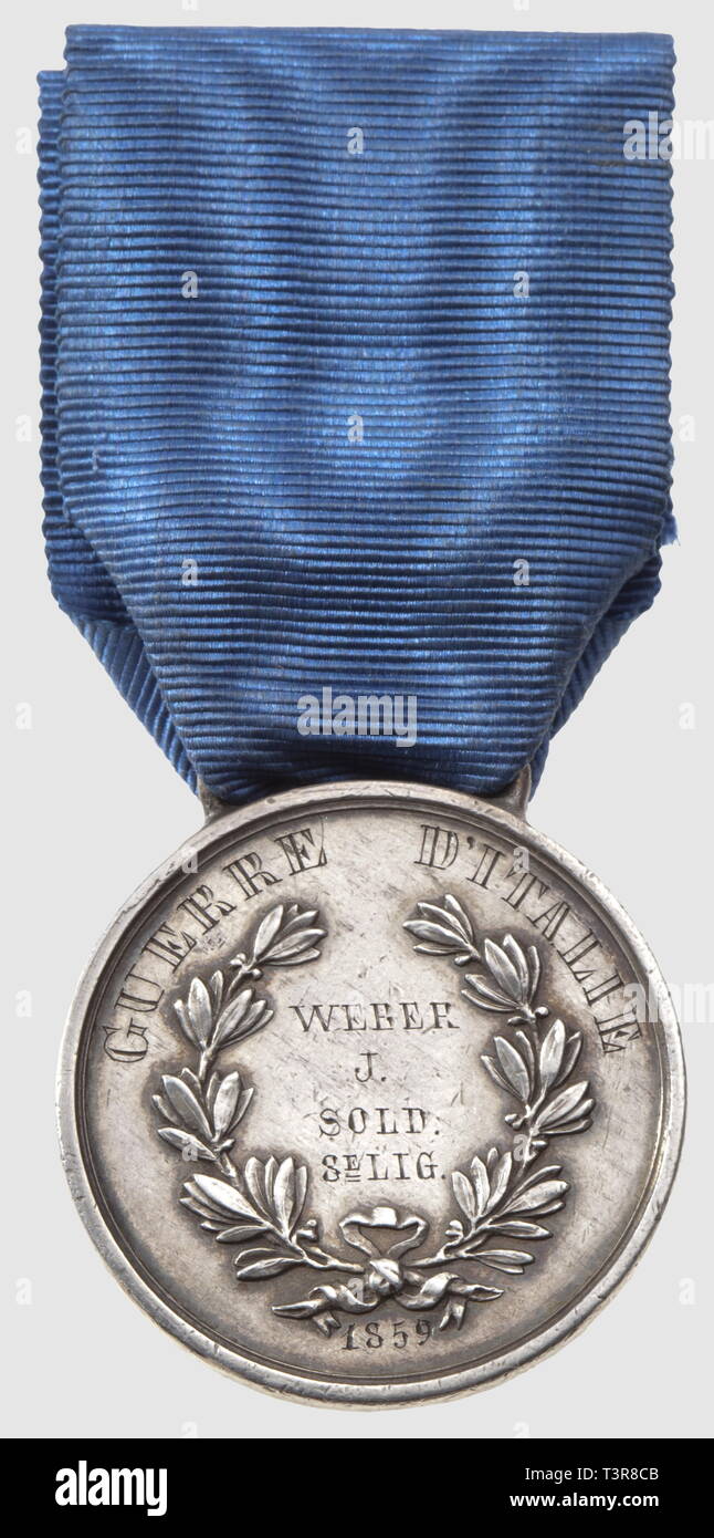 Médaille de la valeur militaire, 'Al Valore Militare', 'Guerre d'Italie 1859', en argent, attribuée à 'WEBER J vendus. 8E LIG', fabr. italienne signée 'F. G.', Additional-Rights Clearance-Info-Not-Available- Banque D'Images