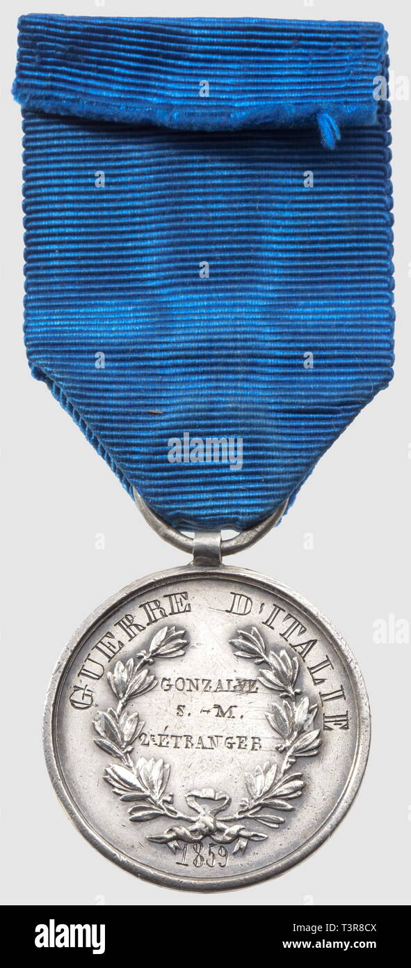 Médaille de la valeur militaire, 'Al Valore Militare', 'Guerre d'Italie 1859", attribuée à 'Gonzalve SM 2e Etranger' (2ème REI à Magenta), en argent, fabr. italienne signée 'F. G.', bélière, Additional-Rights Clearance-Info-tube-Not-Available Banque D'Images
