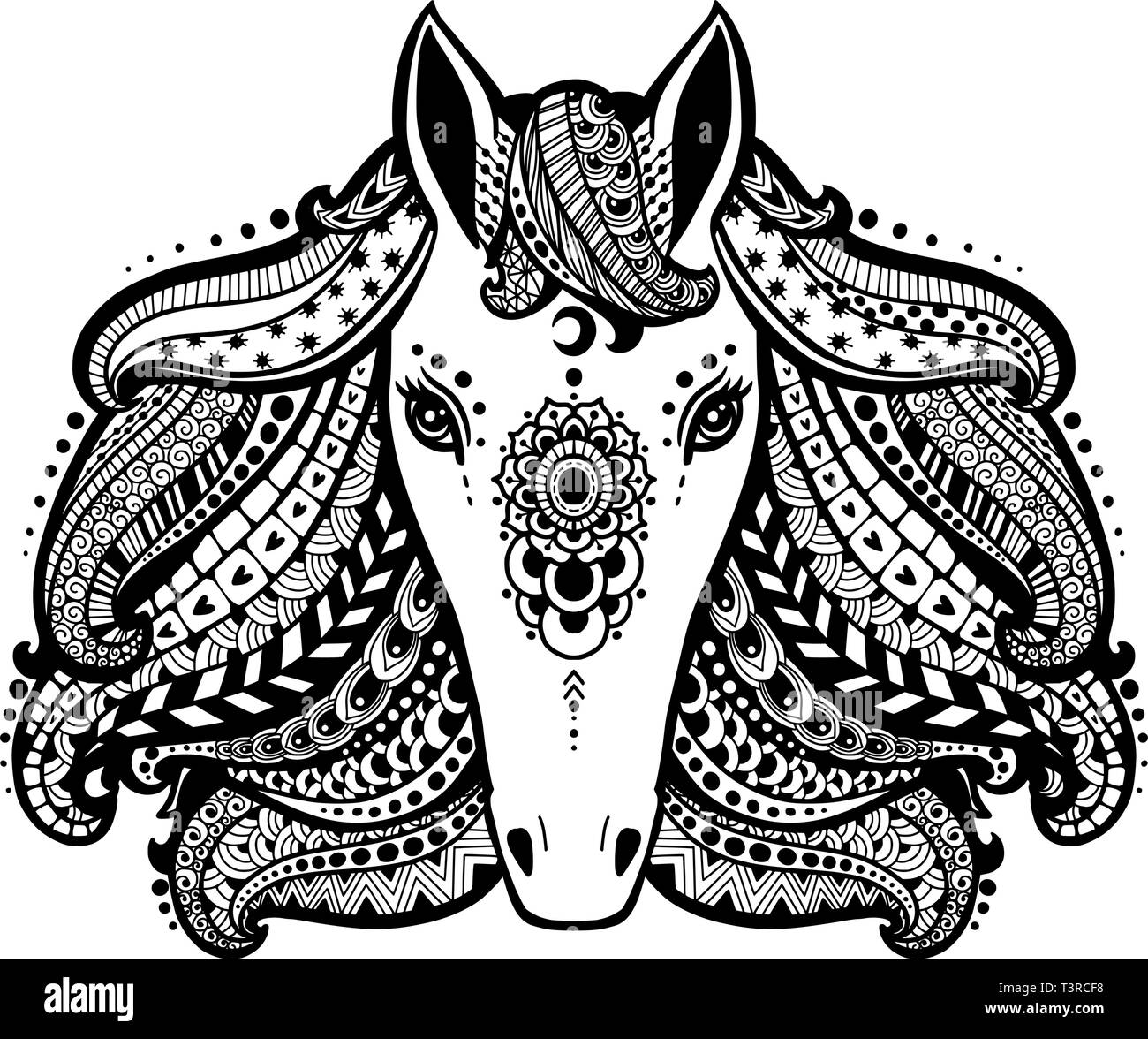 Chef d'un cheval sauvage avec mane et mandala. Freehand antistress esquisse avec doodle et éléments zentangle Illustration de Vecteur