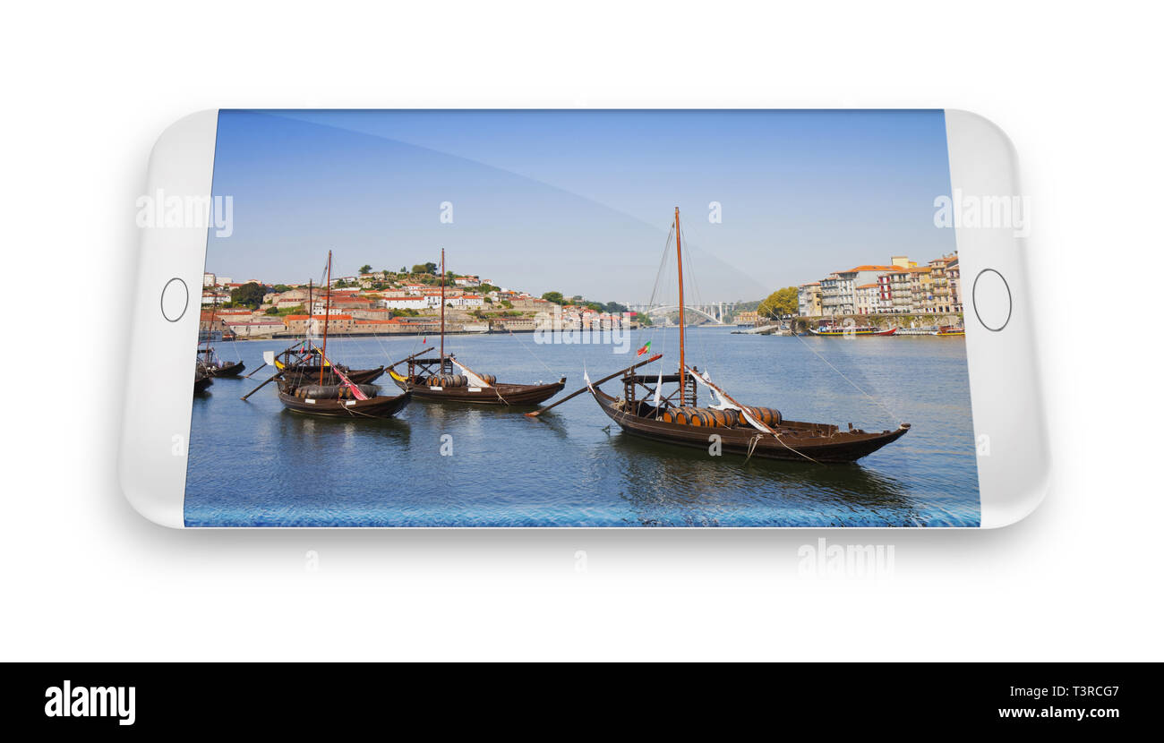 Concept Smartphone avec un rendu 3D de bateaux portugais typiques utilisés dans le passé pour transporter le célèbre vin de Porto (Portugal) Banque D'Images