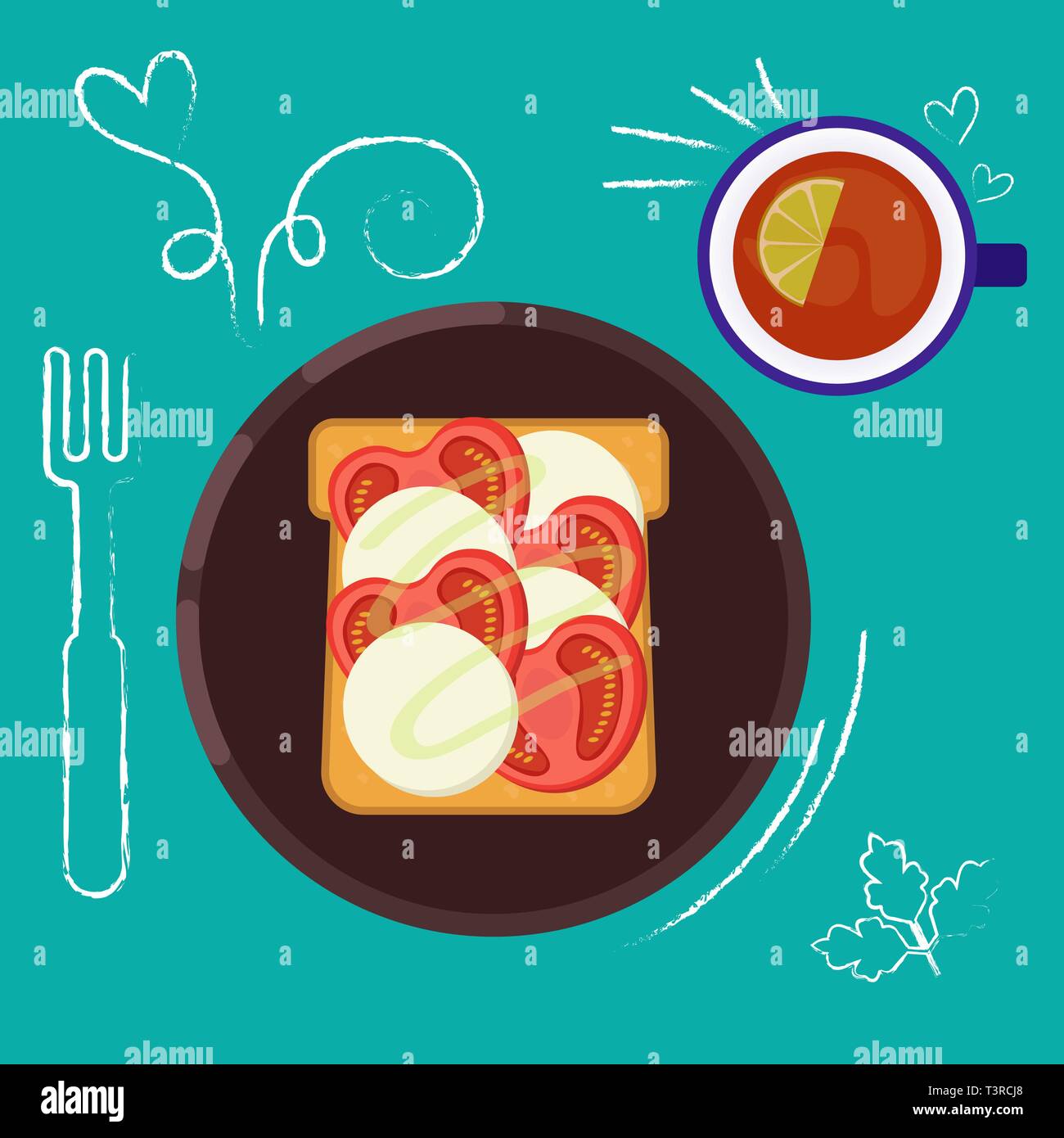 Ensemble de nourriture du petit déjeuner sur fond lumineux dans télévision style design. Doodle éléments. Sandwich et boissons. Télévision L'heure du petit-déjeuner. Vector illustration. Illustration de Vecteur