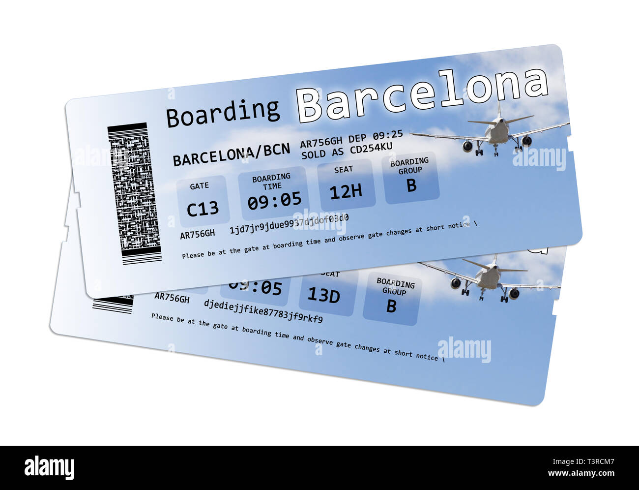 Billets d'embarquement des compagnies aériennes à 'Barcelona' isolé sur  blanc. Le contenu de l'image sont totalement inventés. Les écrits ne sont  pas l'objet d'copyri Photo Stock - Alamy