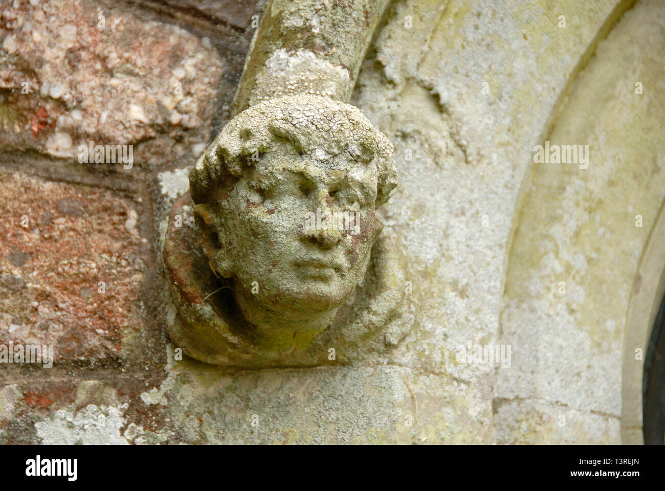 Ancienne sculpture de saint's head, St Nicholas church, Nicholaston, Nouvelle-Galles du Sud Banque D'Images