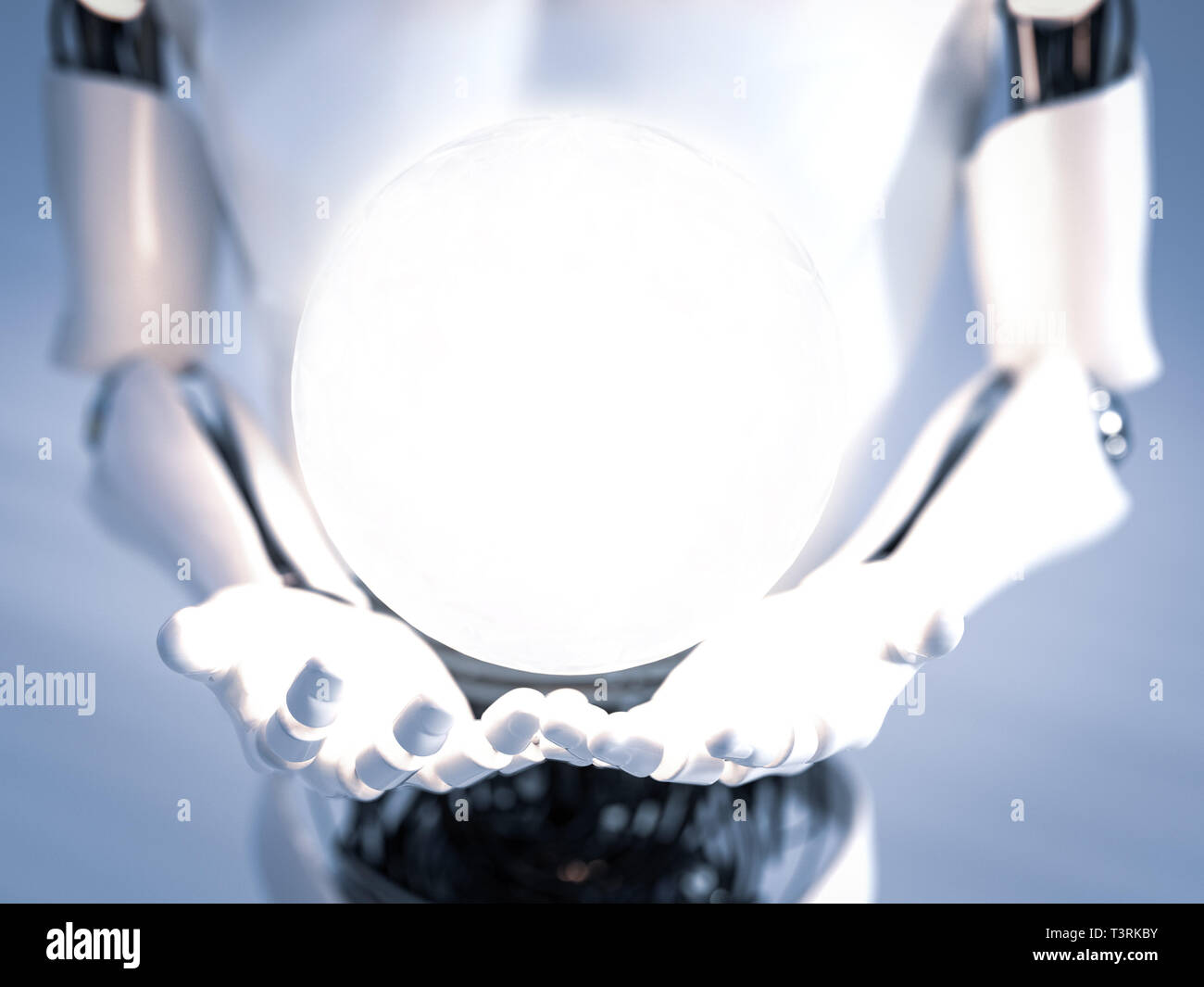 Le rendu 3D de l'homme robot-mains avec une sphère d'énergie rayonnante de lumière ou planant au-dessus de eux. Concept de l'énergie. Banque D'Images