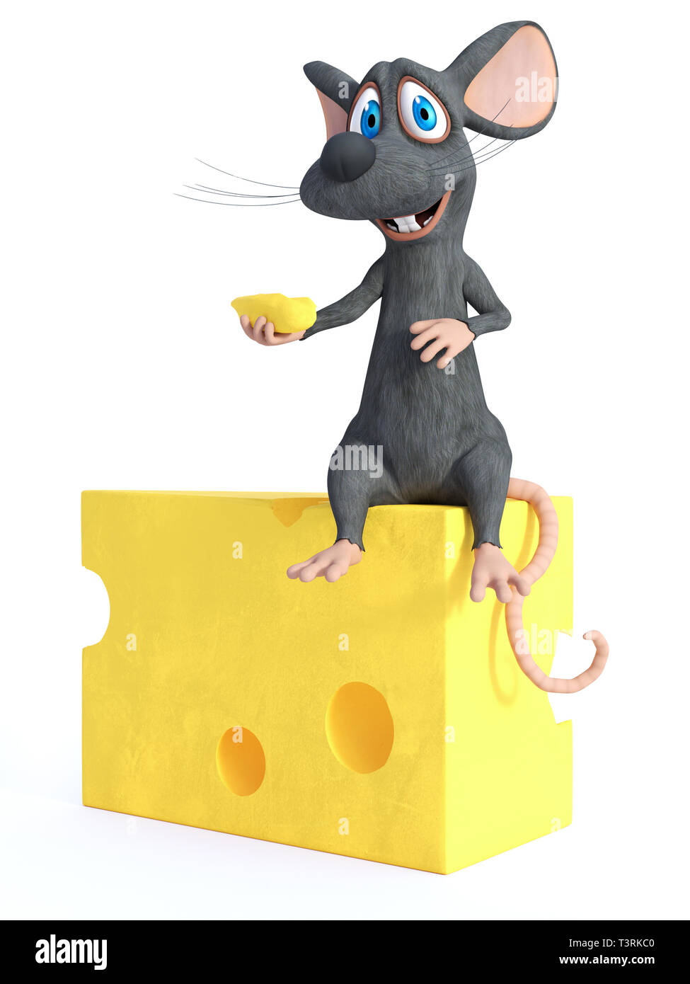 Le rendu 3D d'un sourire mignon cartoon souris tenant un petit morceau de fromage tout en étant assis sur un gros morceau de fromage. Arrière-plan blanc. Banque D'Images