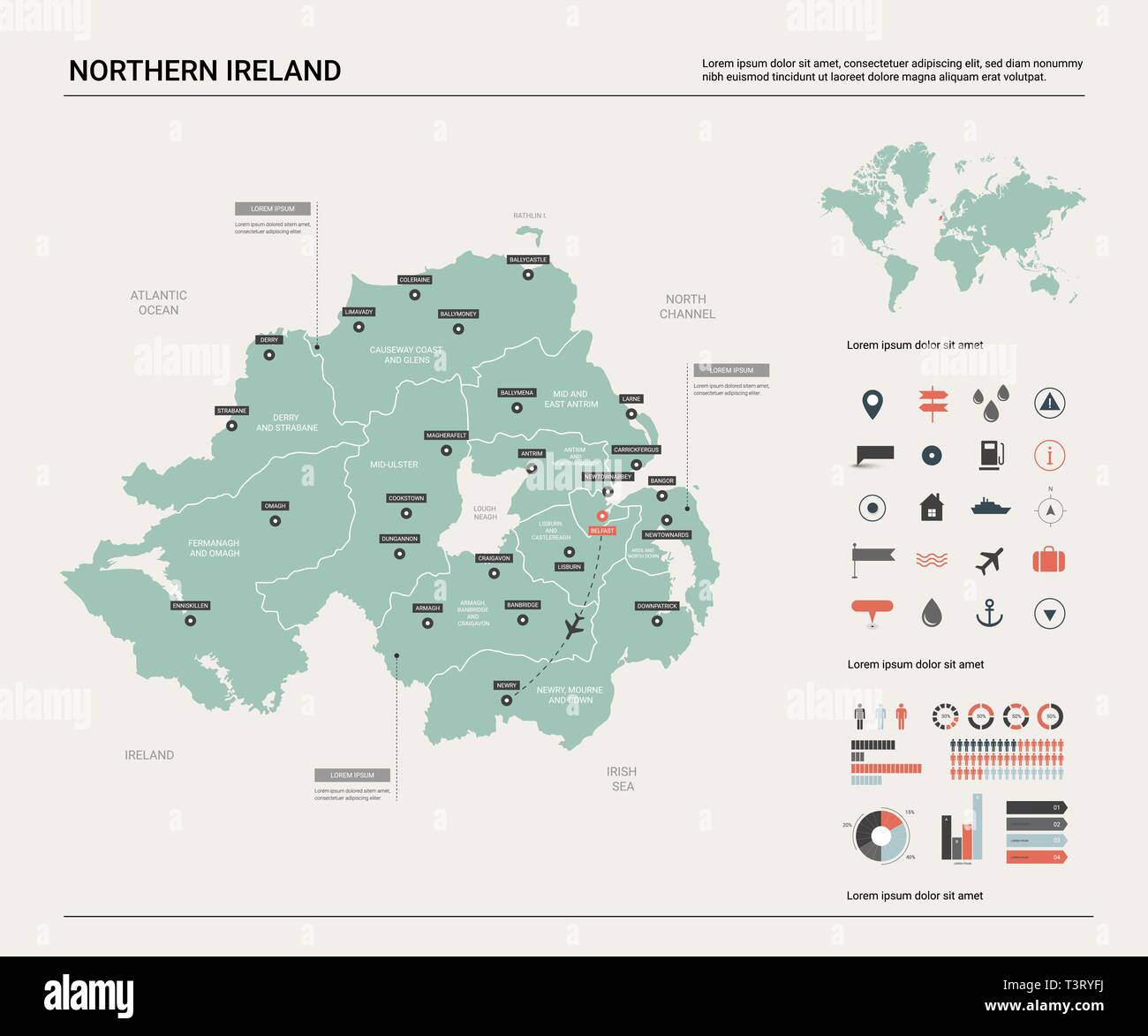 Carte vectorielle de l'Irlande du Nord. Carte pays très détaillés avec la division, les villes et le capital de Belfast. Une carte politique, carte du monde, les éléments de l'infographie. Illustration de Vecteur