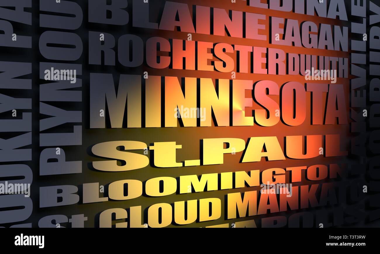 Minnesota principaux lieux et liste des villes. Image par rapport au USA travel. Le rendu 3D Banque D'Images